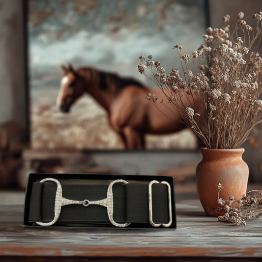 Elasticated Rhinestone Snaffle Bit Belt – Black with Silver