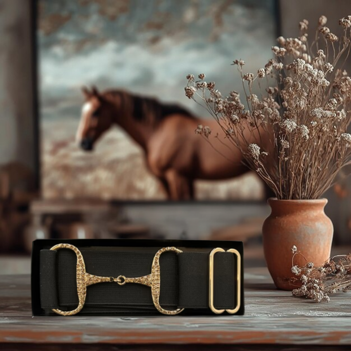 Elasticated Rhinestone Snaffle Bit Belt – Black with Gold