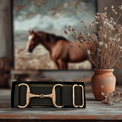 Elasticated Rhinestone Snaffle Bit Belt - Black with Rose Gold