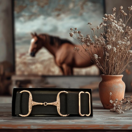Elasticated Rhinestone Snaffle Bit Belt - Black with Rose Gold