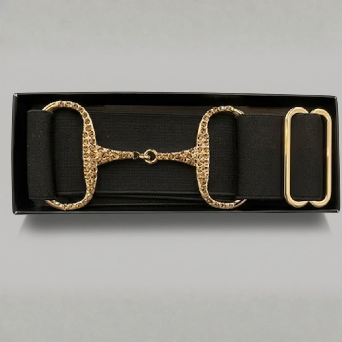 Elasticated Rhinestone Snaffle Bit Belt – Black with Gold