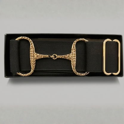 Elasticated Rhinestone Snaffle Bit Belt – Black with Gold