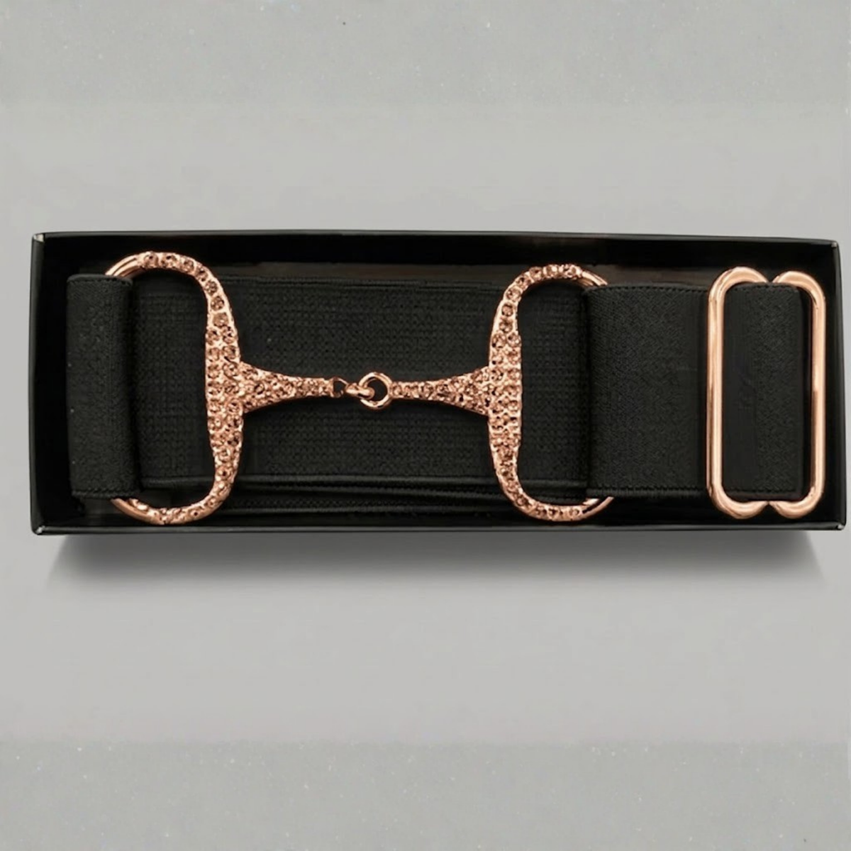 Elasticated Rhinestone Snaffle Bit Belt - Black with Rose Gold